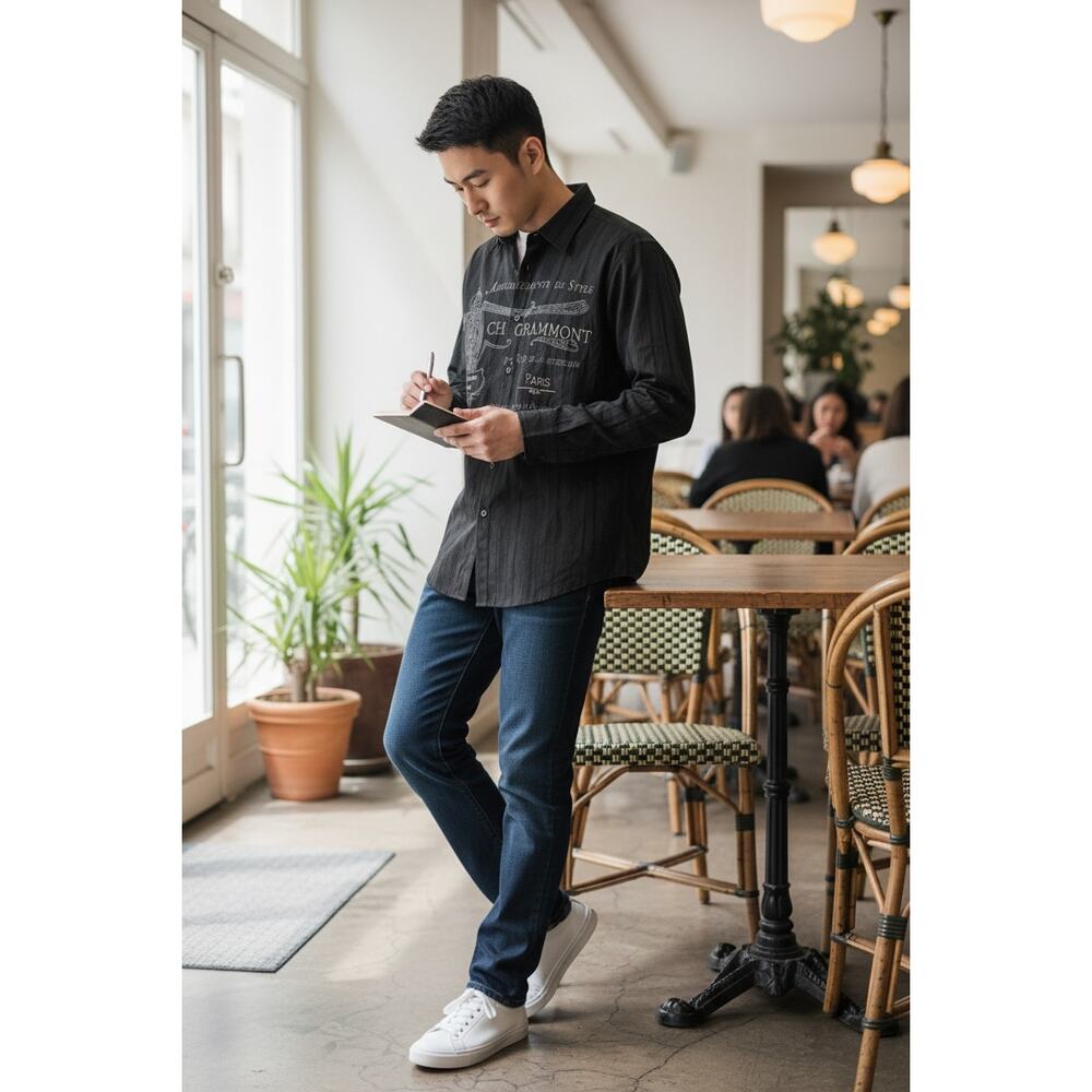 Franky Max Mens Size L Long Sleeve Shirt Button Up France Paris Black Graphic